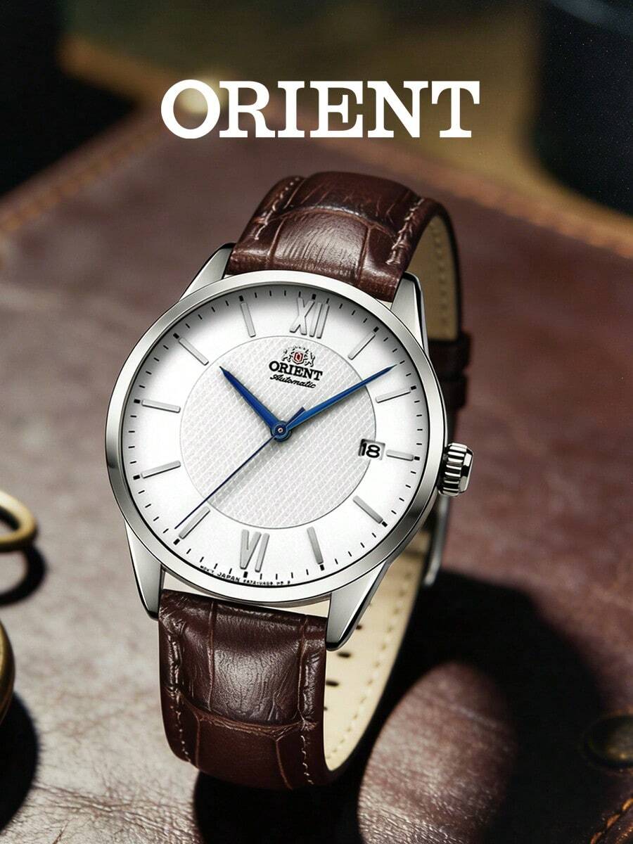 Orient Đồng hồ nam cơ tự động, mặt số trắng bạc có vân với chữ số La Mã, kim thép xanh, dây da nâu, đồng hồ đeo tay cổ điển thanh lịch, món quà tuyệt vời cho lễ tốt nghiệp, đám cưới. - Nâu đậm - Xem 1