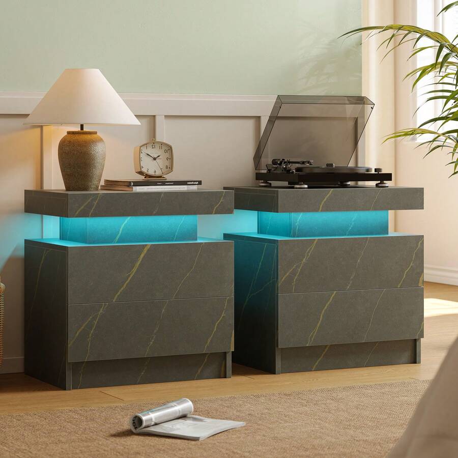 Night Stand Set 2 LED Bedside Table With Wood 2 Drawers Modern End Side Table For Bedroom - Ash Gold - View 1