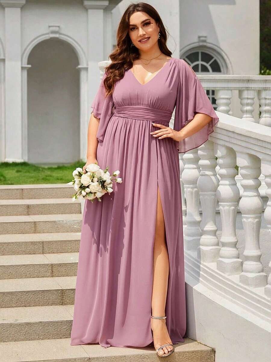 EVERPRETTY Elegant Chiffon Ruffle Sleeve Slit Thigh Length Bridesmaid Dress In Pink, Suitable For Autumn Wedding Guest Party - Dusty Pink - View 1