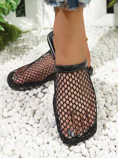 1 đôi sandal nữ màu trơn gợi cảm kiểu mũi vuông khoét rỗng và dép lê lưới dệt kiểu Pháp không gót, thiết kế đế bằng chống trượt, chống mài mòn, thoáng khí cho mùa xuân/hè, thích hợp cho bãi biển, nhà, đi bộ ngoài trời, hẹn hò.