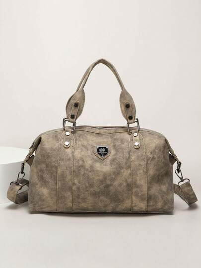 New Vintage PU Leather Handbag, Fashion Zipper Shoulder Bag With Detachable Strap, Suitable For Work, Travel, Gray/Black/Green