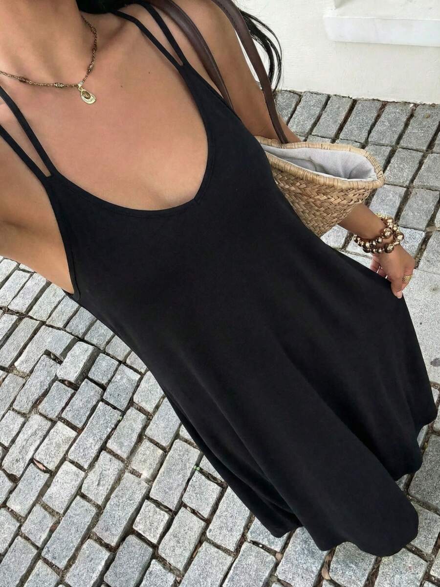 Elegant Sleeveless Mock Neck Asymmetrical Hem Halter Dress | Casual Loose Simple Summer Outfits For Women, Vacation Dresses - màu đen - Xem 1