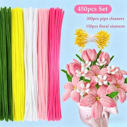 A 450pcs Cleaning Kit For Furry Pipes And Pom-Pom SticksMade From Pink And Yellow Fabric/Plastic Materials, Specifically Designed For Artistic Crafts