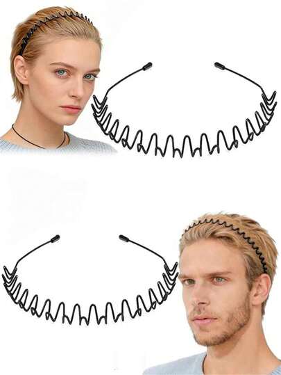 2条装波浪形弹簧金属发箍，弹性防滑金属发带，适合日常佩戴和户外运动，男女通用