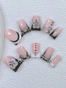 10pcs Y2K Nails Chic Duckbill Press On Nails Set - Handcrafted, Pink Nails, Black Nails, Black And White French Tip Nails, Handmade 3D Flowers And 3D Silvery Ring Design, 3D Polka Dot Flowers Nail Art, Hand Drawn Polka Dot And Black Zebra Stripe Design, Sparkling Silvery Rhinestone And Silvery Ring Decoration - Nhiều màu - Xem 12