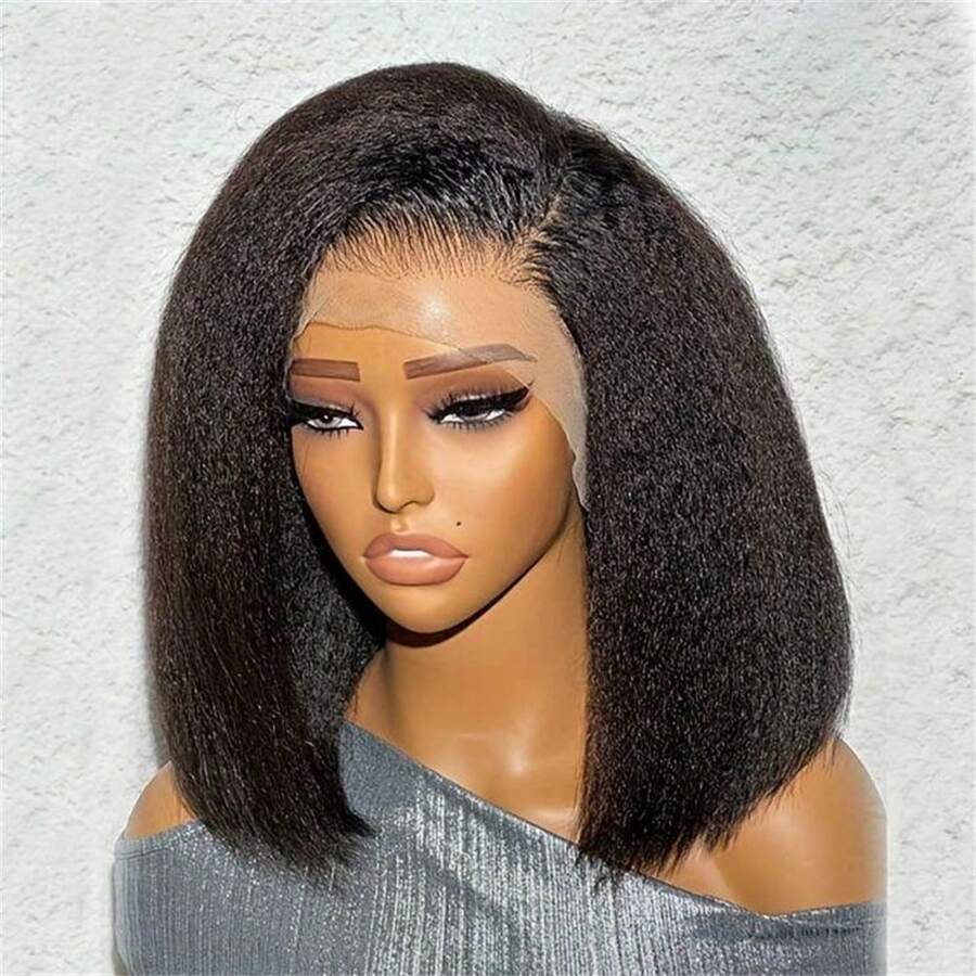 Kinky Straight Wig Human Hair 13x4 Hd Transparent Lace Front Wigs Human Hair Pre Plucked With Baby Hair Yaki Straight Frontal Wigs For Women 200 Density Human Hair Wig - Natural Black - 查看 1