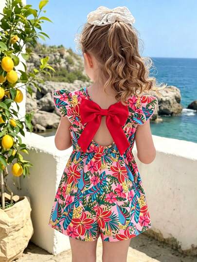 Young Girls Tropical Plant Floral & Leaf Print Cap Sleeve Backless Jumpsuit With Bow Decor, Suitable For Beach & Holiday