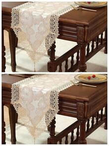 Camino de mesa de jacquard liso 100% poliéster estilo vintage francés de granja con ribete de encaje floral de volutas huecas en forma de abanico, bufanda de mesa con borlas para mesa de desayuno nupcial, decoración rústica de cocina de cabaña - Caqui - Ver 20