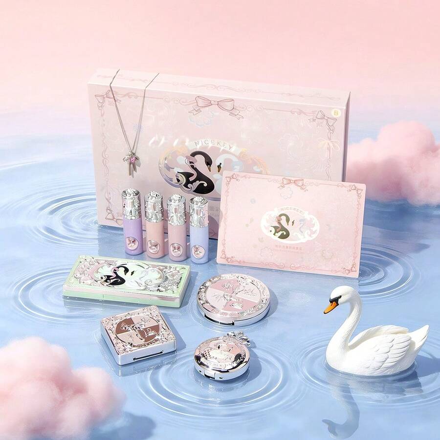 粉色芭蕾舞彩妆礼盒套装 - 唇膏、腮红、高光、眼影盘、含项链的化妆包，学生必备化妆工具套装