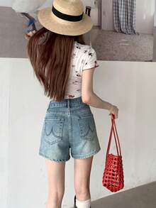 Quần short denim nữ cổ điển đa năng xẻ tà bên hông với túi sau thêu họa tiết, kiểu dáng rộng rãi, thích hợp cho mùa hè. - Màu xanh lam - Xem 2