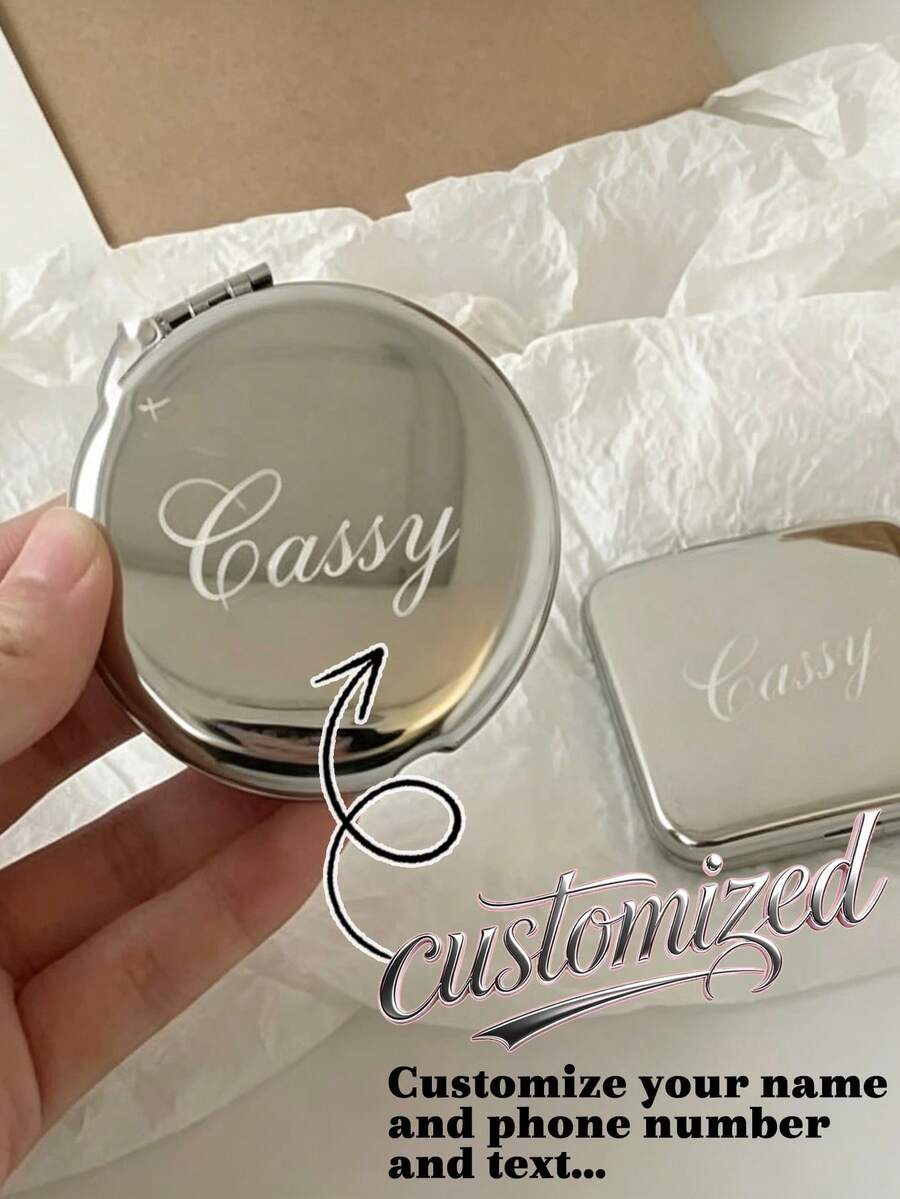 1pc Personalized Engraved Silver Compact Mirror, Custom Name Pocket Mirror, Gift For Women, Bridesmaid Gift, Wedding Party Favor, Vintage, Unique, Girls Gift, Ideal Gifts For Her, Christmas Beauty Accessories, Girly Era, Coquette Aesthetic