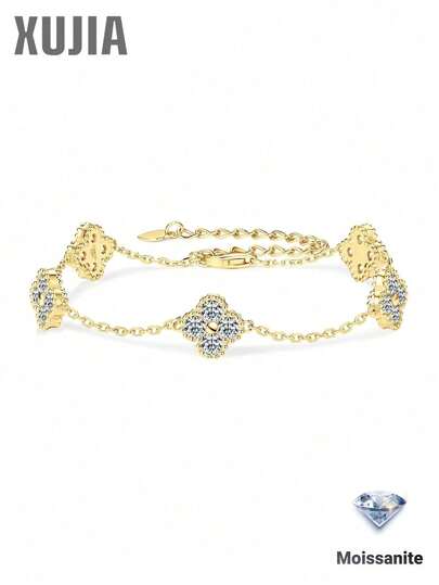 XUJIA 1pc 925 Sterling Silver Four-Leaf Clover Women's Fashion Bracelet, 3mm*20pcs Round Moissanite Lucky Pendant, Sweet Valentine's Day Gift For Girlfriend/Wife