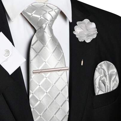 1pc/2pcs/3pcs/5pcs Men's 8CM (3.15inch) White Plaid Polyester Tie, Pocket Square, Cufflinks, Tie Clip And Lapel Pin Combination Set