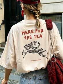 夏季新款女款針織正裝T恤，印有「HERE FORTHE TEA」圖案，短袖，簡約時尚，適合日常度假穿著 - 杏色 - 查看 6