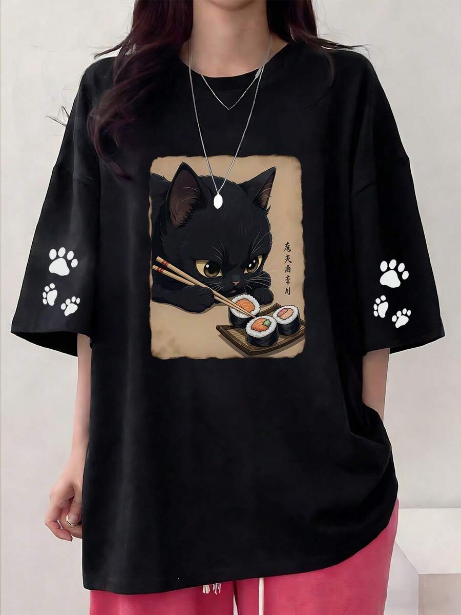 女士时尚宽松寿司卡通猫印花圆领短袖T恤,夏季休闲款 - 黑色 - 查看 1