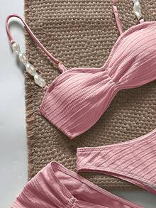 Bikinx Bộ 3 món đồ bơi nữ thời trang đi nghỉ mát, màu trơn, chất liệu vải mềm mại, gợi cảm, có dây rút và váy ngắn, màu hồng nhạt, thích hợp cho mùa hè. - Hồng - Xem 4