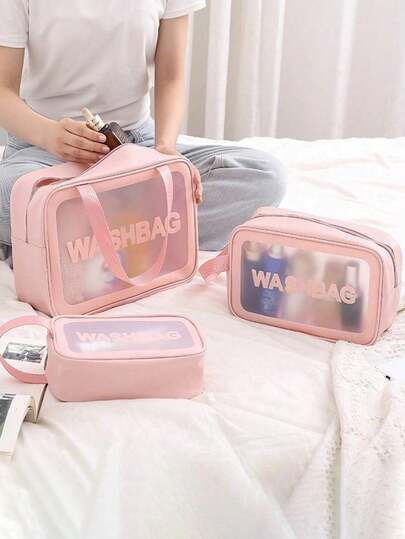 3pcs/Set Large Capacity Cosmetic Bag Set, PU Leather Toiletry Bag, Makeup Organizer Bag, Handbag, Lightweight Travel, Home Use, Transparent Double-Layer Dry-Wet Separation, Large Capacity, Portable, For Women/Girls, Pink Makeup Bag, Cosmetic Box, Skincare Bag, Toiletry Bag, Gift Box Packaging, Travel Essential, Cruise Essential, Dorm Essential