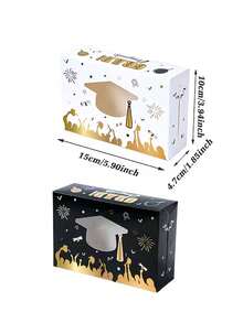 6 piezas Cajas de regalo con tema de graduación - Esquemas de color negro, blanco y dorado. Esta serie de cajas de regalo viene en colores negro y blanco, con el diseño centrado en elementos clave como las gorras de graduación. - Talla única - Ver 3