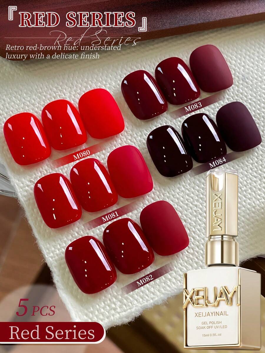 XEIJAYI 5pcs Set 15ml Anchor Red Series Gel Nail Polish - Super Glossy, Quick Drying, Removable UV/LED Nail Polish, Create Stunning Manicure