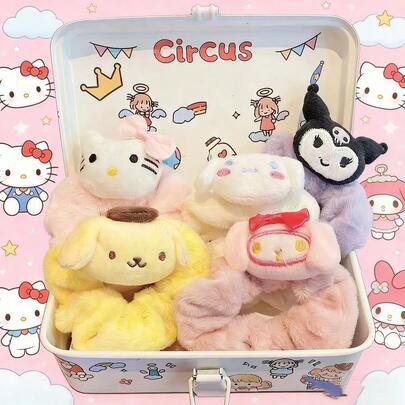 SANRIO Bộ 5 chiếc dây buộc tóc nhồi bông Hello Kitty, My Melody, Cinnamoroll, phụ kiện tóc hàng ngày.