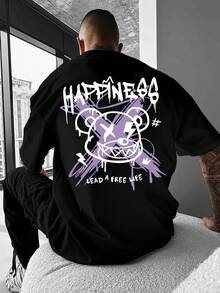 T-shirt homme et adolescent 180g 100% coton col rond, impression thermique double face avec motifs d'ours, manches courtes douces et respirantes, style décontracté streetwear d'été, lavable en machine, idéal pour un usage quotidien informel et les sorties - Noir - Voir 5