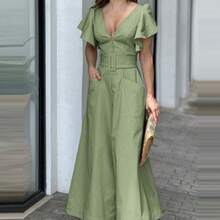 Nuevo vestido con cuello en V y mangas con volantes de color sólido, elegante vestido largo para ir al trabajo con un diseño que realza la cintura. - Azul - Ver 4