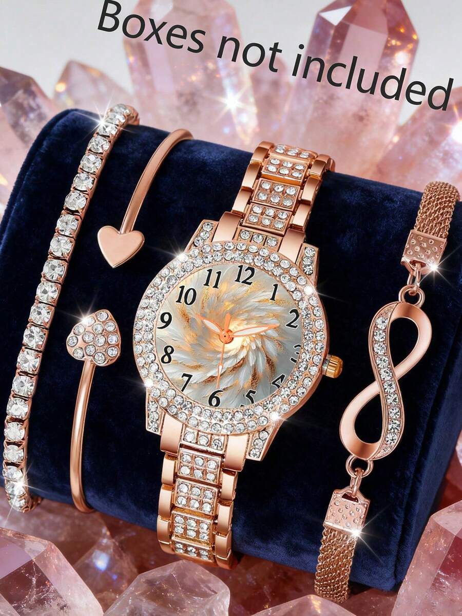 4pcs Luxury Women's Quartz Watch Set, Including Rhinestone-Encrusted Ladies Quartz Watch And Bracelet Set. Featuring Dazzling Rose Gold And Full Rhinestone Design, Made Of Scratch-Resistant Materials. - Rose Gold - View 1