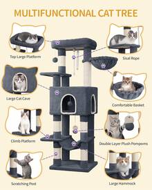HEXCELEN 162CM Cat Tree For Indoor Cats, Cat Tower With Large Hiding Cave, Scratching Post With Large Platforms, Multi-Level Cats Activity Center, Sisal Rope, Hammock - Dark Grey - View 4