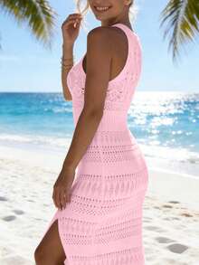 Women's New Fashion Casual Elegant Solid Color Knit Maxi Dress, Round Neck Design With Hollow-Out Details, Sleeveless Bodycon Waistline With Side Slit Hem, Suitable For Spring/Summer Beach Vacation Pink - Pink - View 5