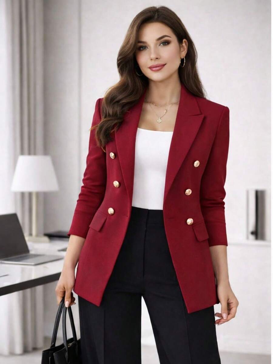 Women's Double-Row Blazer With 6 Decorative Buttons, Unlined, Various Colors - Burgundy - View 1