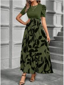 Women's Printed Maxi Dress Short Puff Sleeve Crew Neck Tie Waist Casual Long Dress For Daily Wear Party - 軍綠色 - 查看 1
