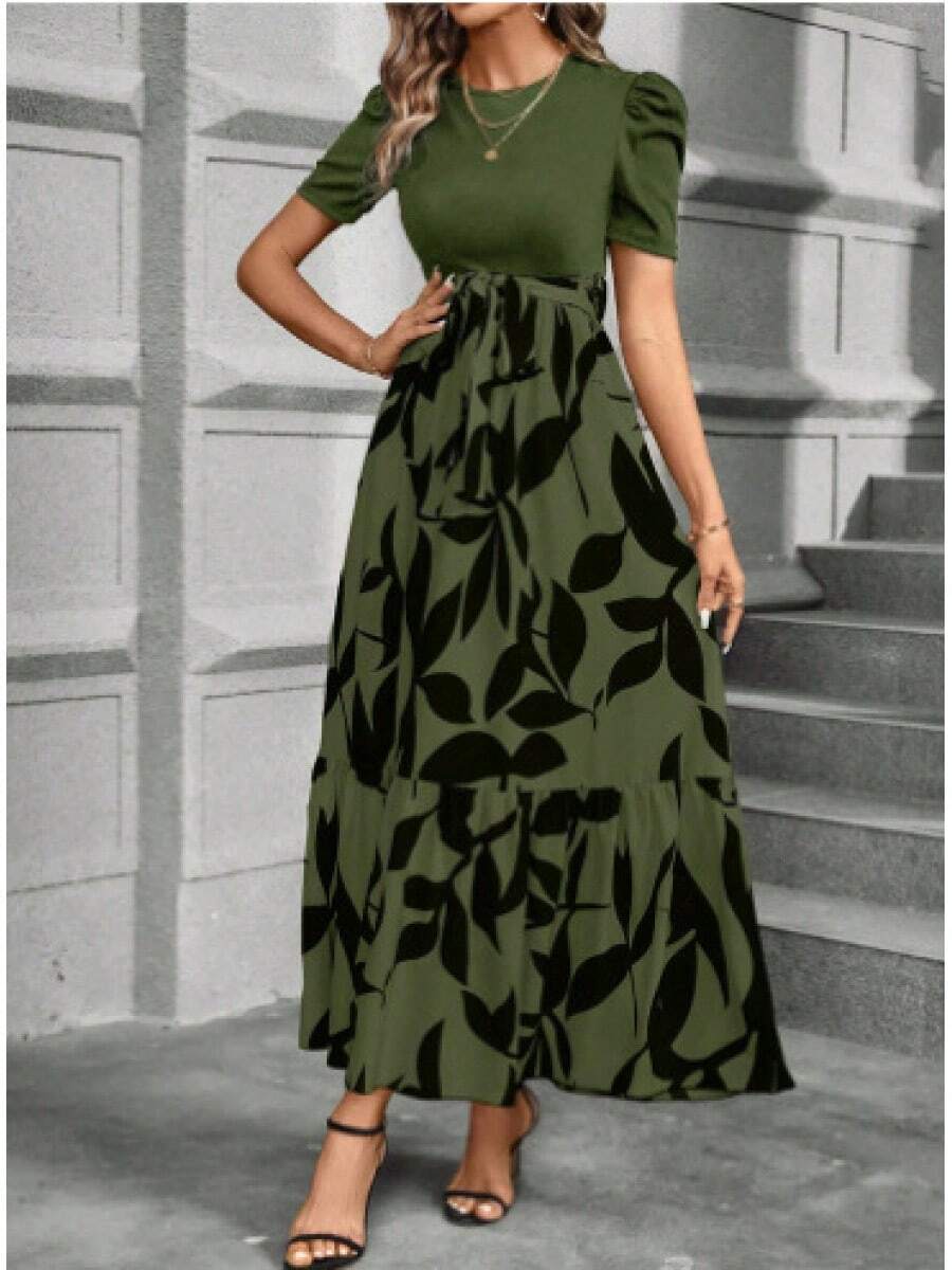 Women's Printed Maxi Dress Short Puff Sleeve Crew Neck Tie Waist Casual Long Dress For Daily Wear Party - 軍綠色 - 查看 1