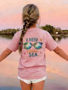 女童寿司印花T恤，度假风太阳镜印花短袖T恤，儿童沙滩休闲上衣，甜美圆领透气T恤，夏季亲子装 - 粉色 - 查看 2