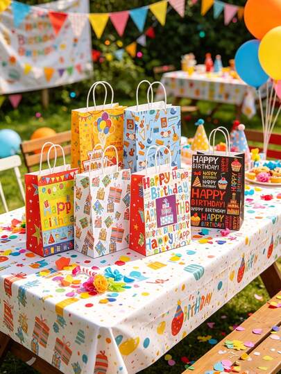 6pcs Reusable Colorful Paper Gift Bags With Birthday Theme, Suitable For Birthday Party Gifts Packaging And Decoration, Great For Party Favors And Gift Wrapping, With Handles