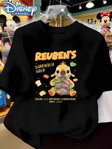 Disney Licensed Lilo & Stitch Reuben Sandwich Shop Print Women's Premium 100% Cotton Oversized T-Shirt, Cute Funny Cartoon Graphic, Casual Stylish Short Sleeve Crew Neck Tee, Ultra Soft Breathable Daily Wear For Spring Summer - 黑色 - 查看 1