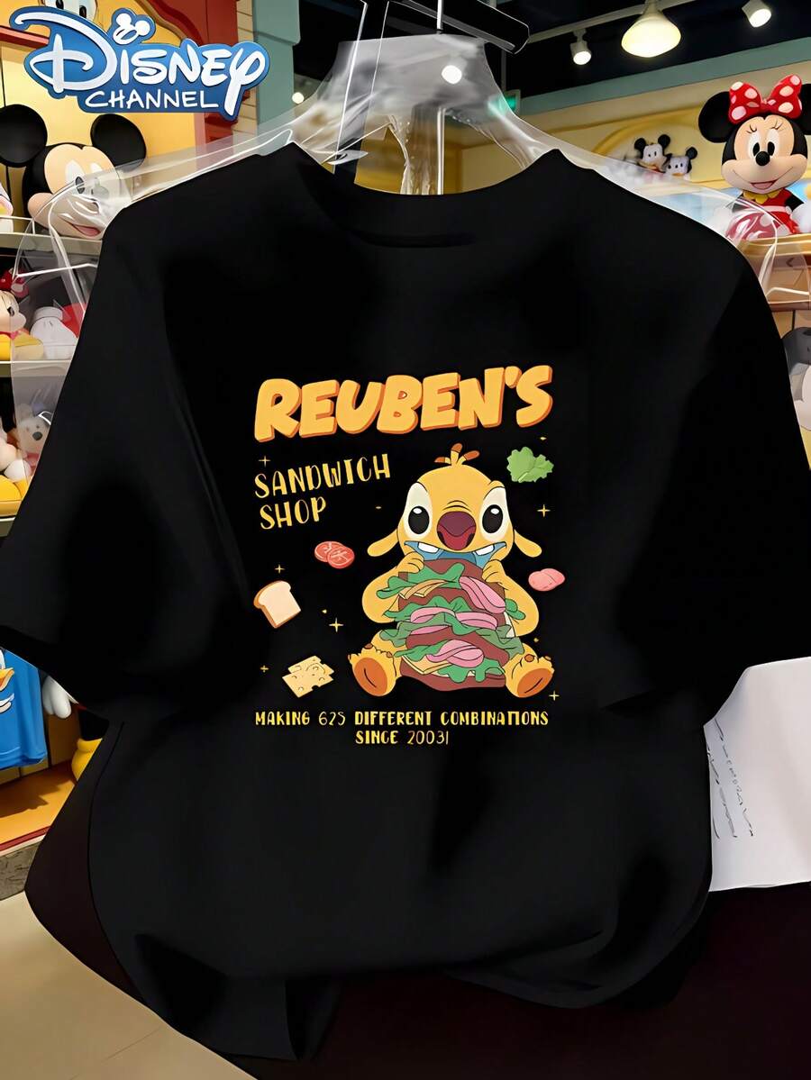 Disney Licensed Lilo & Stitch Reuben Sandwich Shop Print Women's Premium 100% Cotton Oversized T-Shirt, Cute Funny Cartoon Graphic, Casual Stylish Short Sleeve Crew Neck Tee, Ultra Soft Breathable Daily Wear For Spring Summer - 黑色 - 查看 1
