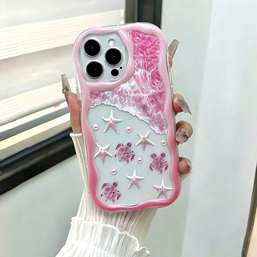 适用于 17/17 Pro/17 Pro Max/16/15/14/13/12/11 系列，1 件装 INS 奶油色边缘粉色海洋海星印花全包防摔手机壳，适用于 17 Pro Max，时尚手机壳 - 粉色 - 查看 1