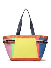 New Women's Tote Bag, Dopamine Color Block Tote Bag, Nylon Material, Vibrant Rainbow Color Block Design, Versatile Open Top Design, Wide Strap For Comfortable Carrying, Suitable For Commuting, Shopping, Travel - Yellow - View 8