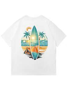 Neue Ankunft Große Größen Herren Urlaubsstil bedrucktes Kurzarm T-Shirt, bequem & atmungsaktiv, Sommermode - Weiss - Übersicht 6