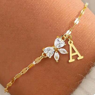 Nuevo brazalete de mariposa con circonita y letra, brazalete de 26 letras creativo y delicado, joyería de lujo para mujer