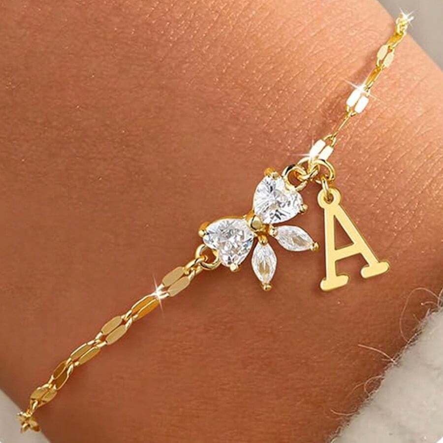 Vòng tay chữ cái hình bướm đính đá Zirconia mới, vòng tay 26 chữ cái tinh tế, sáng tạo, trang sức cao cấp dành cho nữ. - vàng - Xem 1