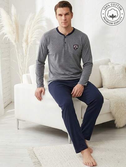 Cotton More 100% Cotton Men's Long Sleeve Henley T-Shirt & Elastic Waist Relaxed Fit Lounge Pants Soft Breathable Homewear Sleepwear Pajama Set Comfortable Everyday Nightwear