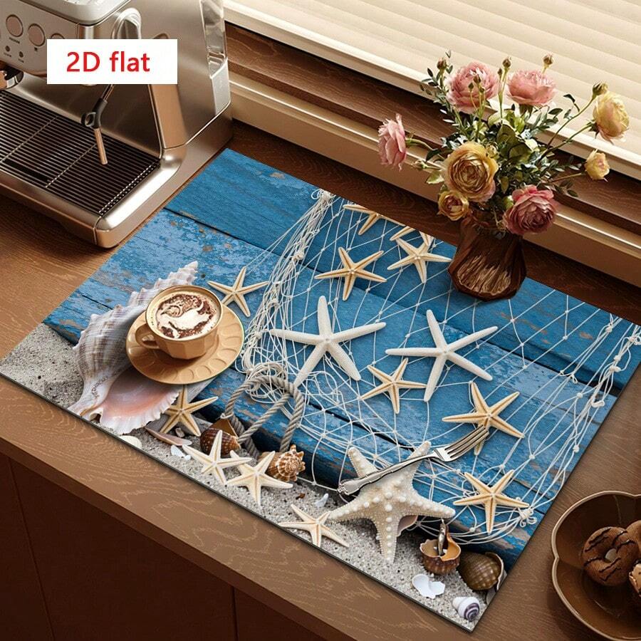 1pc Starfish & Shell Pattern Dish Drying Mat, Made Of Absorbent Polyester Fiber, Suitable For Dining Table And Coffee Machine, Multipurpose Drainage Pad, Home Gift, Desktop Decor