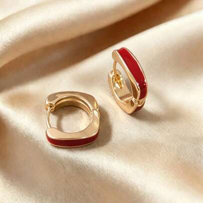 一对铜质时尚独特优雅百搭高端红色滴油几何耳环，适合少女日常、节日、派对佩戴