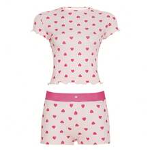 A New Spring/Summer Women's Home Wear Set In Sweet And Spicy Pink Color.Short And Fitted Short-Sleeved Top With Ear-Like Collar.Matching Colored Waistband Button-Down Shorts.Two-Piece Set For Casual Pajamas That Can Be Worn Outside.Teenage Girl Style For Home Wear, Reducing Age.Spicy Outfit For Going Out With A Relaxed Vibe. - Hồng - Xem 8
