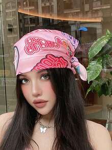 1pc Letter Print Bandana Scarf 70cm, Polyester Neckerchief, Y2K Style Versatile Accessory For Headband, Waistband, Travel, Music Festival - Pink - View 5