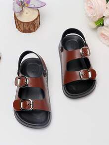 1 Pair Baby Buckle Sandals, Fashionable Versatile Comfortable Flat Slides, Unisex Beach Shoes - Brown - View 3