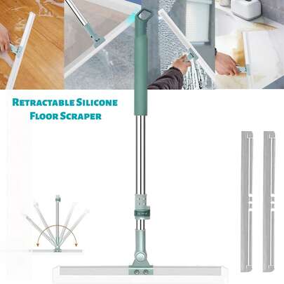 Extendable Multi-Function Floor Cleaning Brush/Broom - Long Handle Silicone Squeegee With 35cm/50cm Soft Rubber Blade, Reusable Silicone Floor Brush, Telescopic Handle And Rotating Head, Floor Scraper For Bathroom, Tiles, Glass And Windows, Household Water Absorbing Tool For Kitchen And Shower, Includes Replacement Scraper Blades