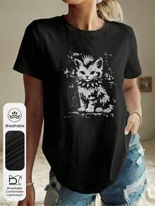 Áo nữ cỡ lớn phong cách retro punk họa tiết mèo, cổ tròn, tay ngắn, kiểu Y2K, thích hợp mặc mùa hè. Áo thun nữ màu đen tối giản, cổ tròn, tay ngắn, họa tiết mèo độc đáo, thích hợp dự tiệc hoặc mặc thường ngày. - màu đen - Xem 7