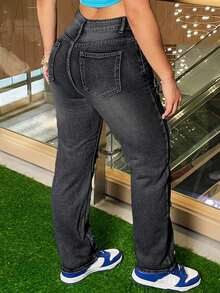 Women's Y2K Black Denim Jeans With Patched Details, Straight Leg Long Casual Pants, Fashion Party Style - Grey - View 2
